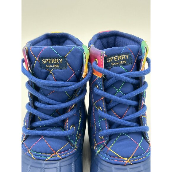 Sperry Quilted Rainbow Waterproof Duck Boots Kids Blue Gradient Lace Up - Picture 8 of 9
